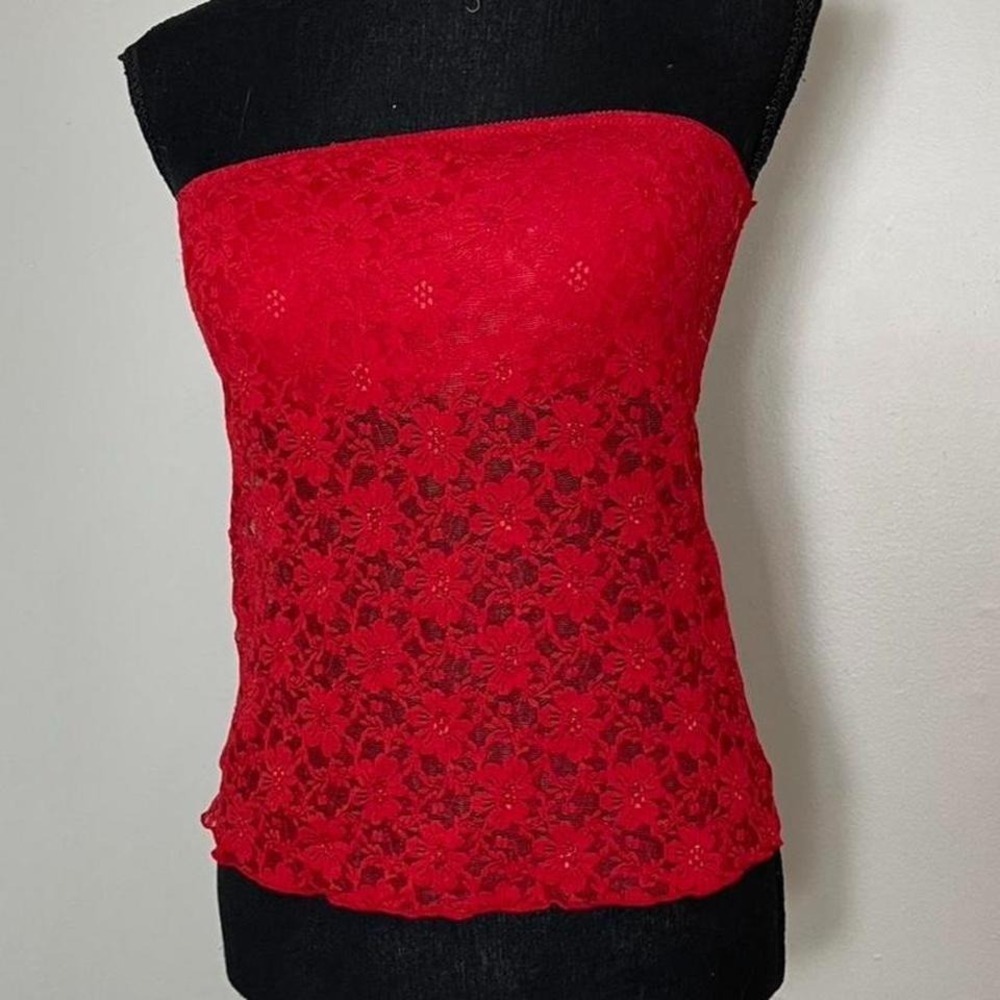 Red lace tube top with floral pattern.